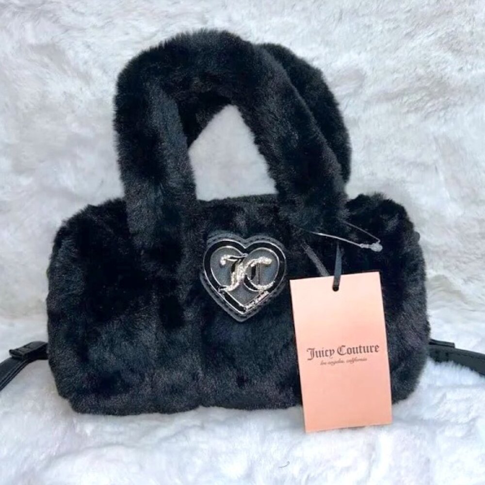 Juicy Couture Lets Get Cozy Roll Soft Faux Fur Black Cross Body Bag NWT